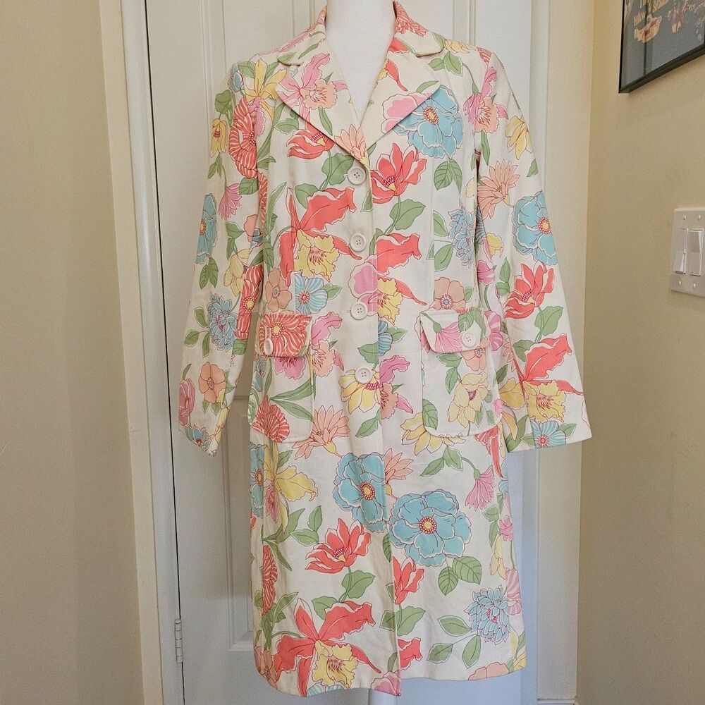 VTG WILLI SMITH Trench Coat Spring Pastel Floral colorway Lined 100% Cotton L